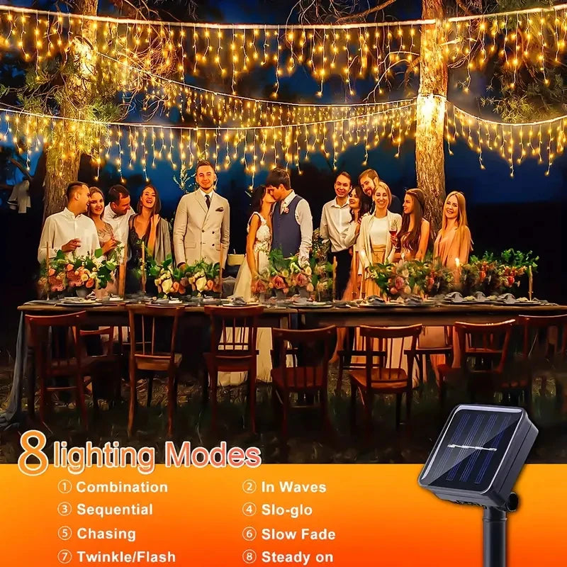 Solar Icicle Curtain Lights — 162/96 LED, 8 Modes, IP65 Waterproof, 9m/6m (29.5ft/19.7ft) Outdoor Christmas Fairy String Lights