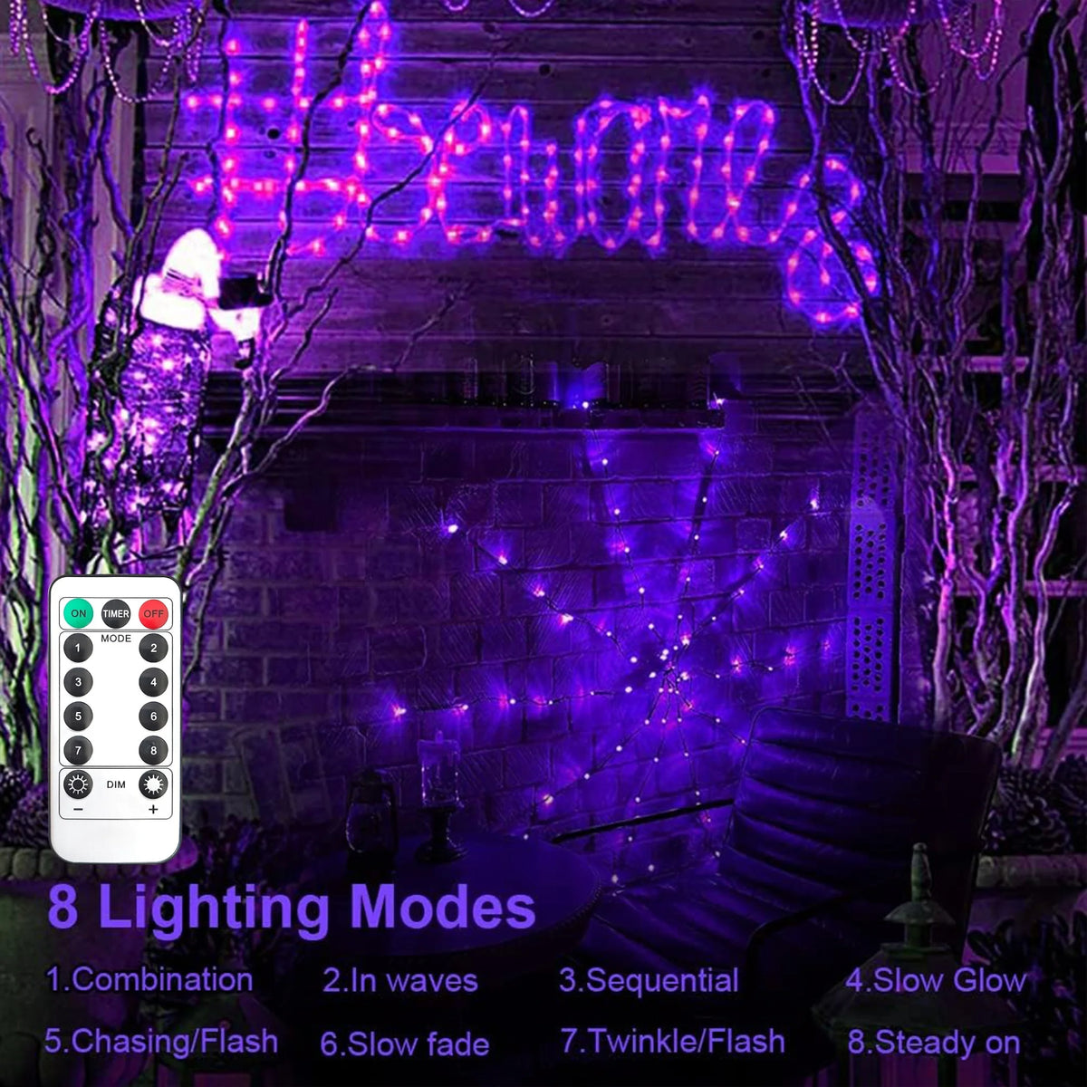 Giant LED Spider Web String Lights with Plush Spider – Luminous Halloween Window & Haunted House Decor