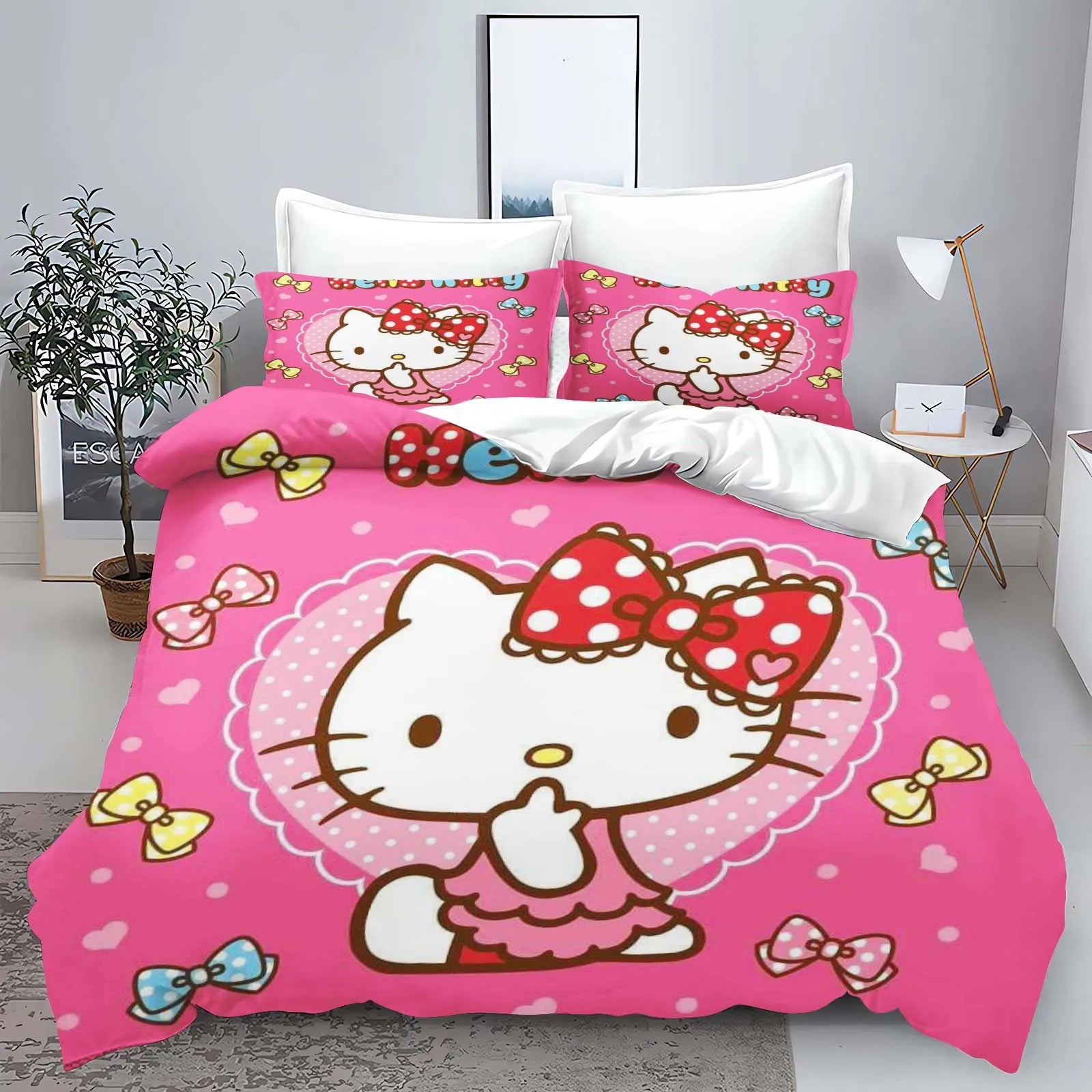 Hello Kitty Kids Bedding Set – 3-Piece Quilt Cover & 2 Pillowcases, 100% Polyester, Printed Cartoon, Multiple Sizes (Twin to King)