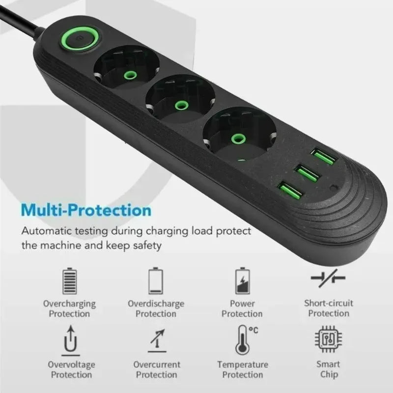 2500W EU Power Strip — 5-Outlet Extension Cord with 3 USB Ports, 2.0m (6.6ft) Cable, Overload Protection