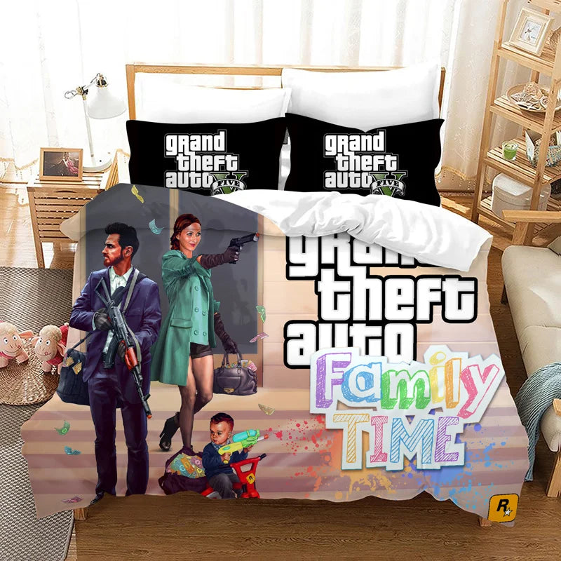 GTA V Cartoon 3-Piece Bedding Set — Printed Duvet Cover & 2 Pillowcases, Twin to King (68×86–104×90 in / 172×218–264×228 cm)