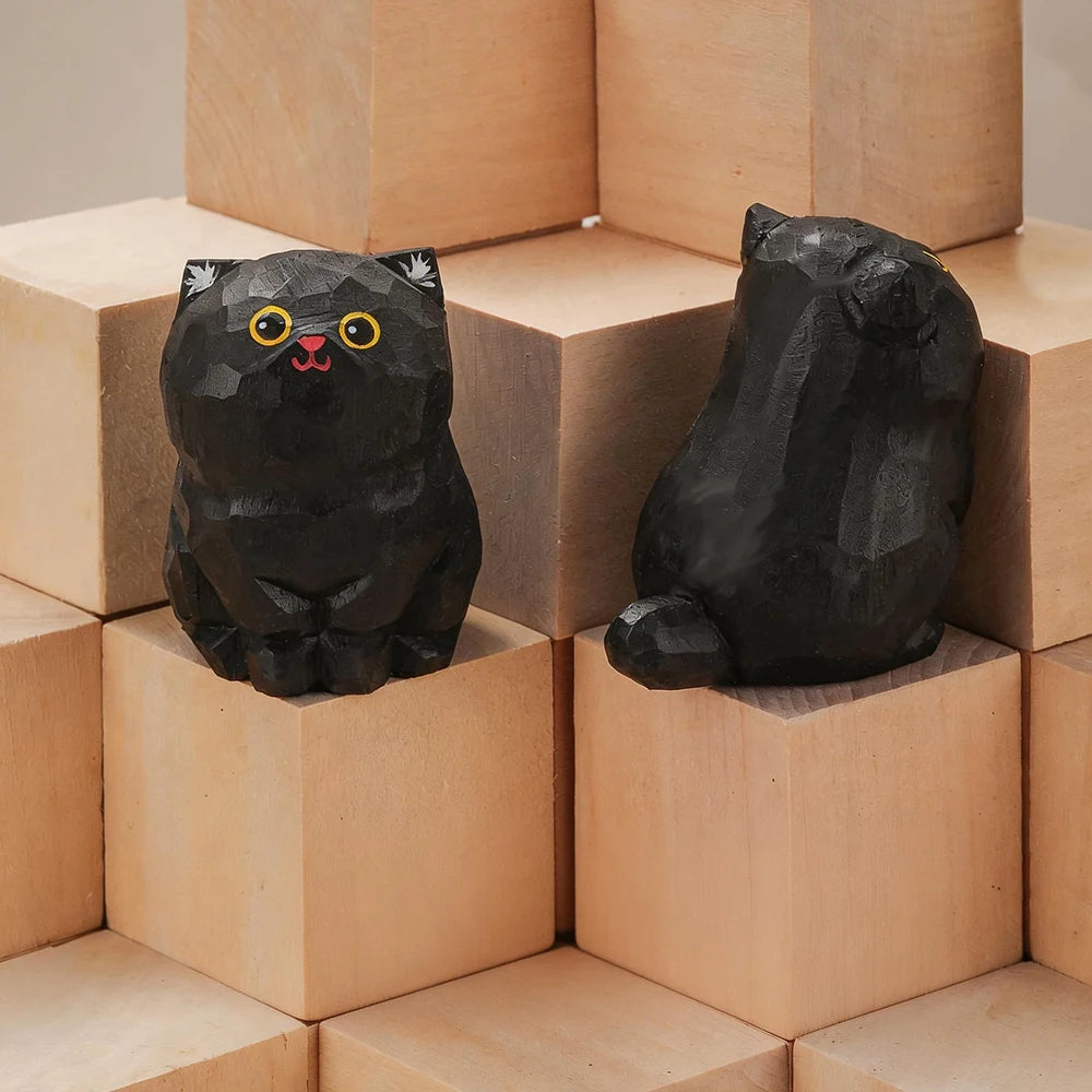 Set of 13 Hand-Carved Wooden Cat Figurines – Basswood Kitty Statues for Desk, Shelf, Car & Home Decor