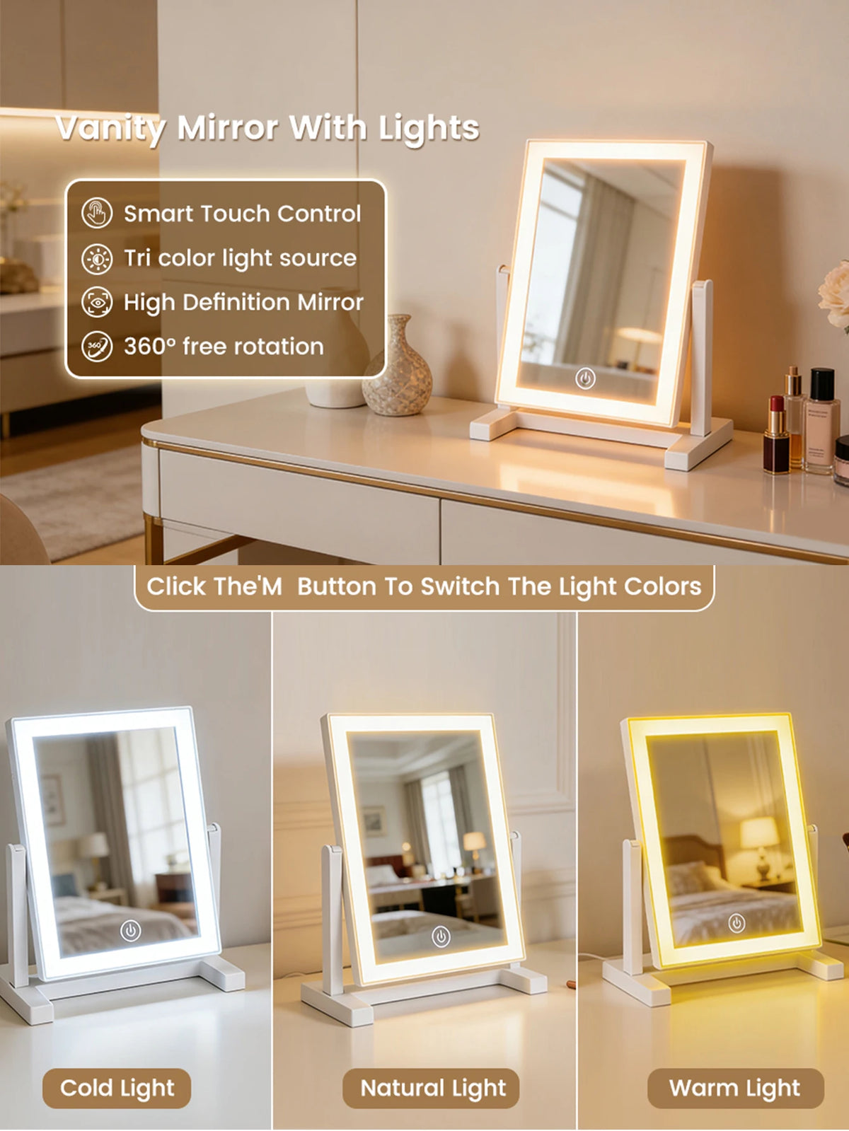 LED Vanity Makeup Mirror with 3-Color LED Lights, Touch Control & 360° Rotation