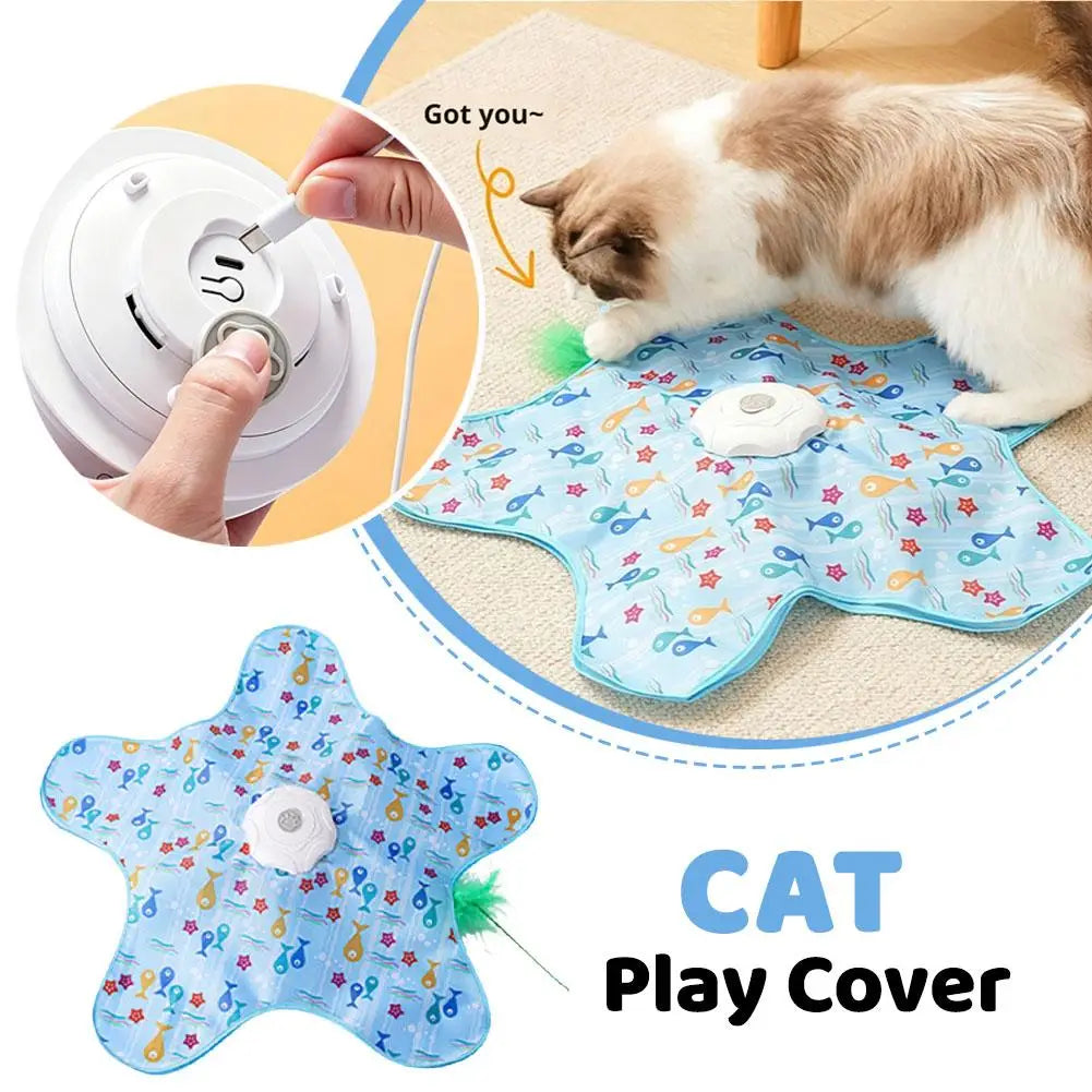Interactive Electric Cat Toy Mat 65 x 65 cm (25.6 x 25.6 in) – 360° Random-Movement Feather Teaser Hide-and-Seek Automatic Hunting Toy