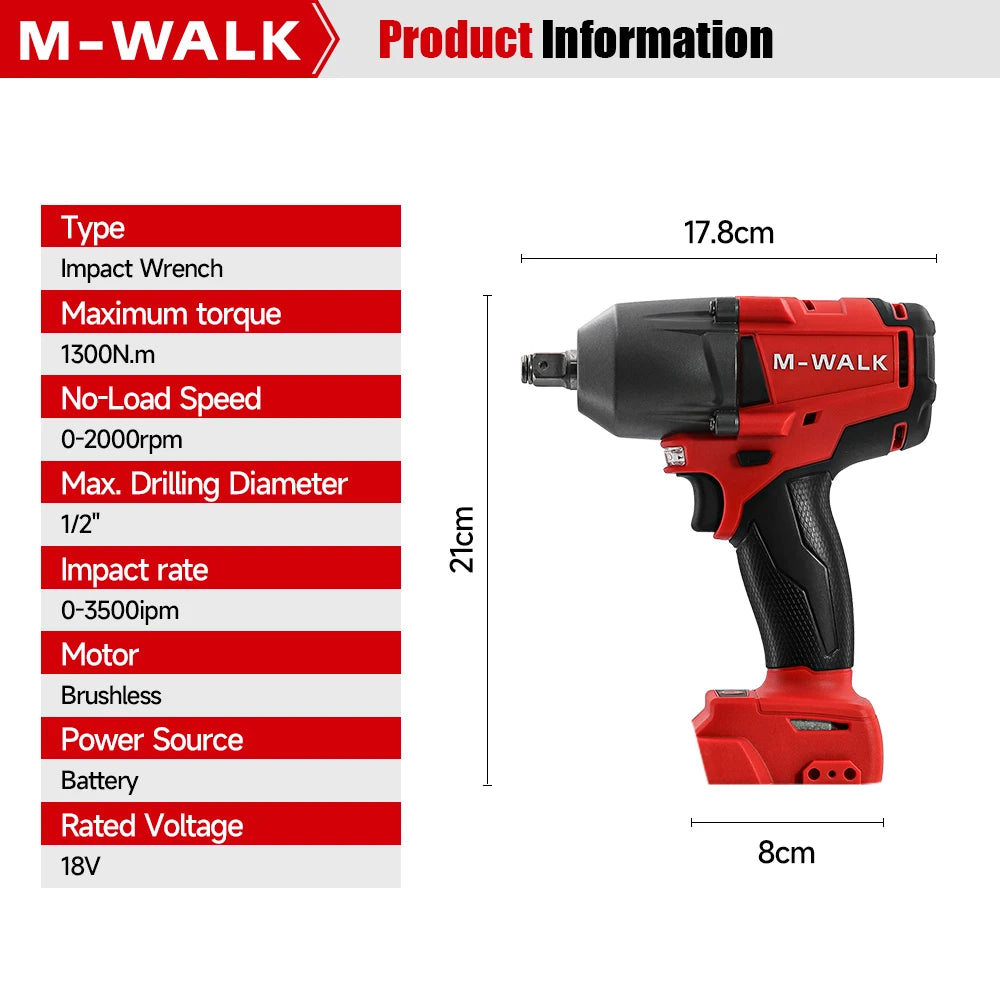 Mid-Torque Cordless Impact Wrench 18V Brushless 1300 N·m High-Speed Electric Power Tool for Car & Truck Repair