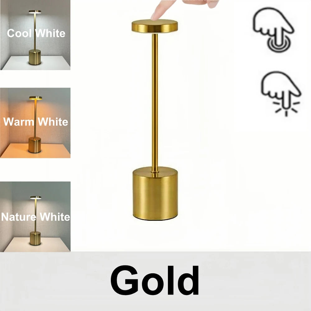 Rechargeable Touch LED Table Lamp, Portable Cordless Dimmable 3-Color 360-Degree Metal Night Light for Bedroom & Office