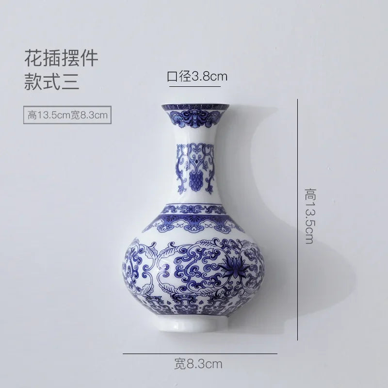 Antique Blue and White Porcelain Wall-Hanging Vase Ceramic Flower Container for Lucky Bamboo and Living Room Decor