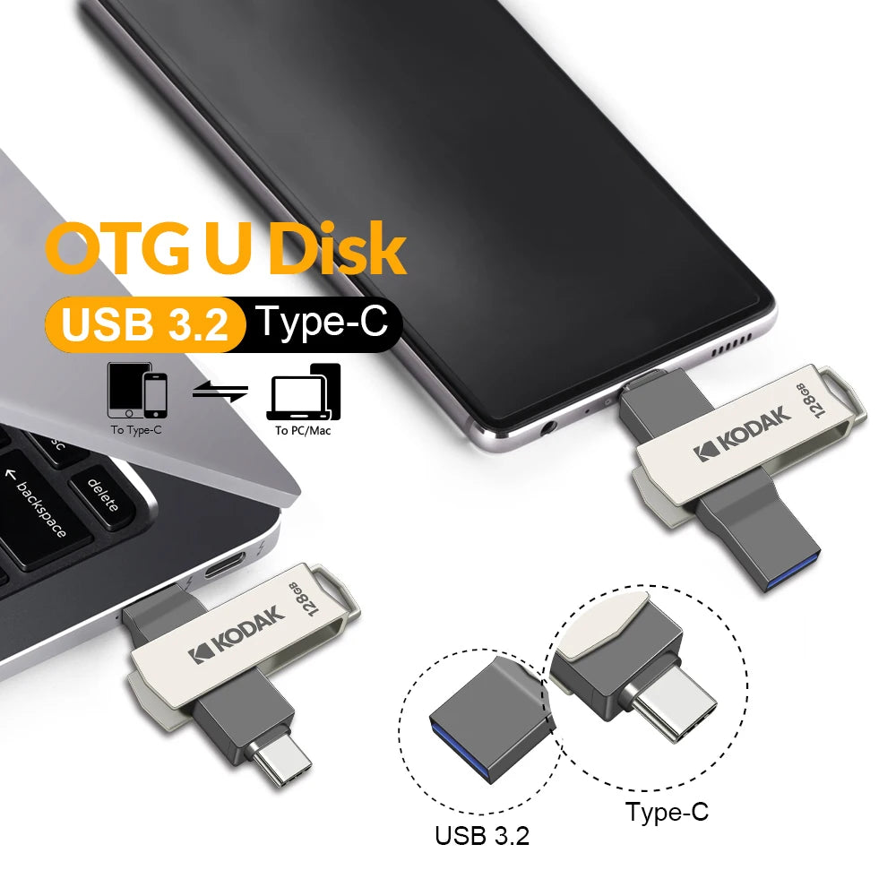 Dual USB-C & USB 3.2 OTG Metal Flash Drive — High-Speed Pendrive 32GB/64GB/128GB/256GB for Smartphone & Laptop