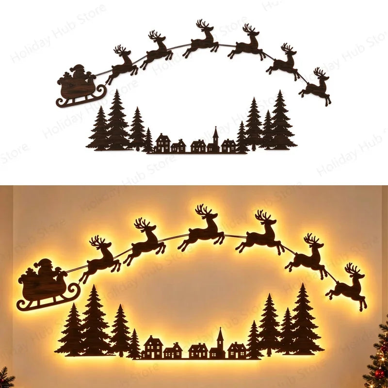 LED Light-Up Wooden Reindeer & Santa Sleigh Wall Decor with Remote — Battery Powered Christmas Wall Stickers