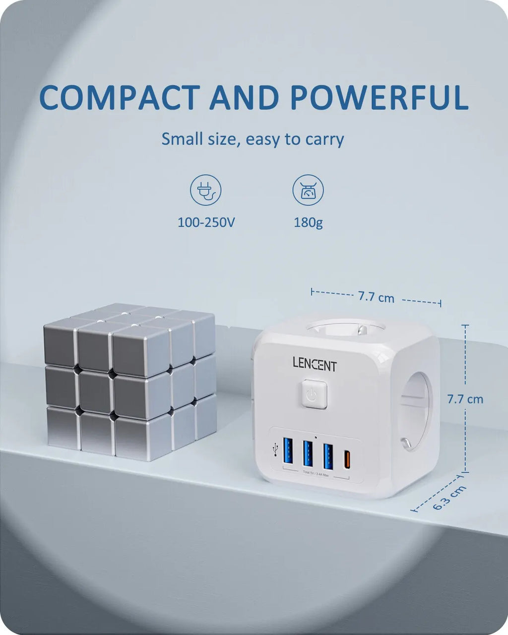7-in-1 EU Wall Socket Extender - 3 AC Outlets, 3 USB-A & 1 USB-C with On/Off Switch