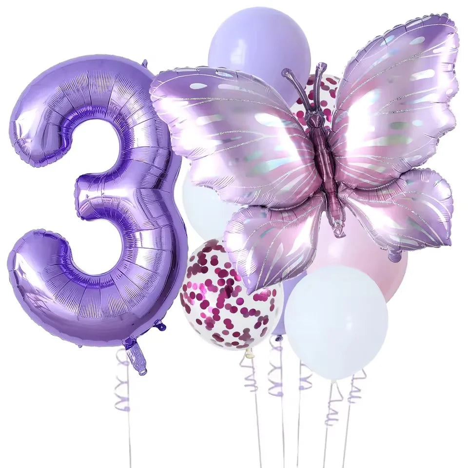 10-Pack Purple Butterfly & Number Foil Balloon Set 32-inch (81 cm) Party Decorations for Baby Shower, Birthday, Wedding, Christmas
