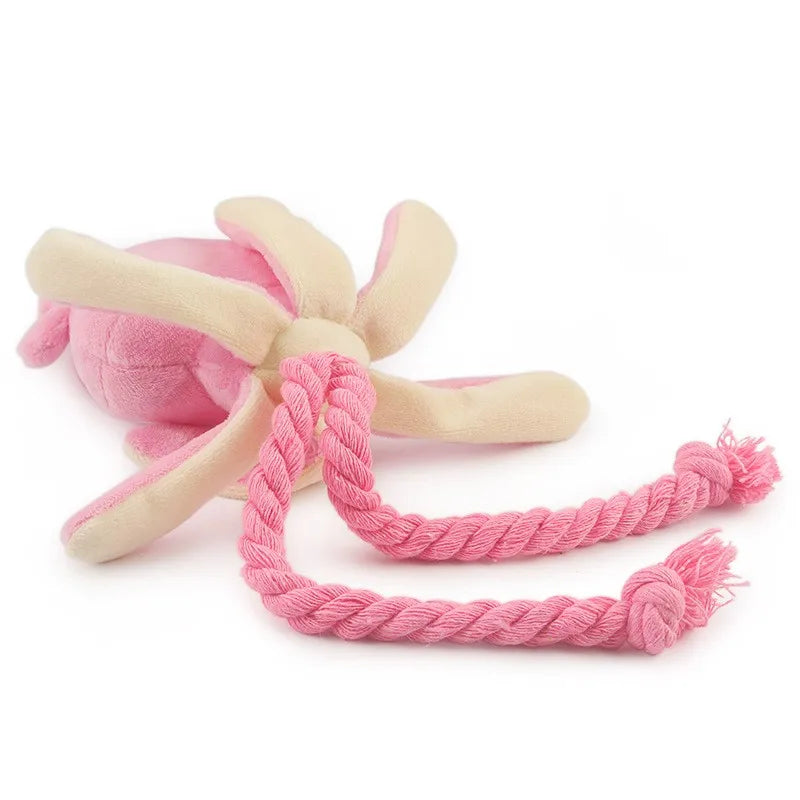 Octopus Plush Dog Chew Toy with Squeaker & Rope — Small Pink 13.4 x 3.5 in (34 x 9 cm) — Dental Cleaning Toy for Dogs & Cats