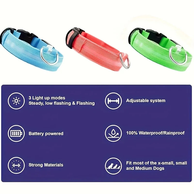 LED Glow-in-the-Dark Nylon Dog Collar & Leash — Flashing Luminous Safety Pet Collar