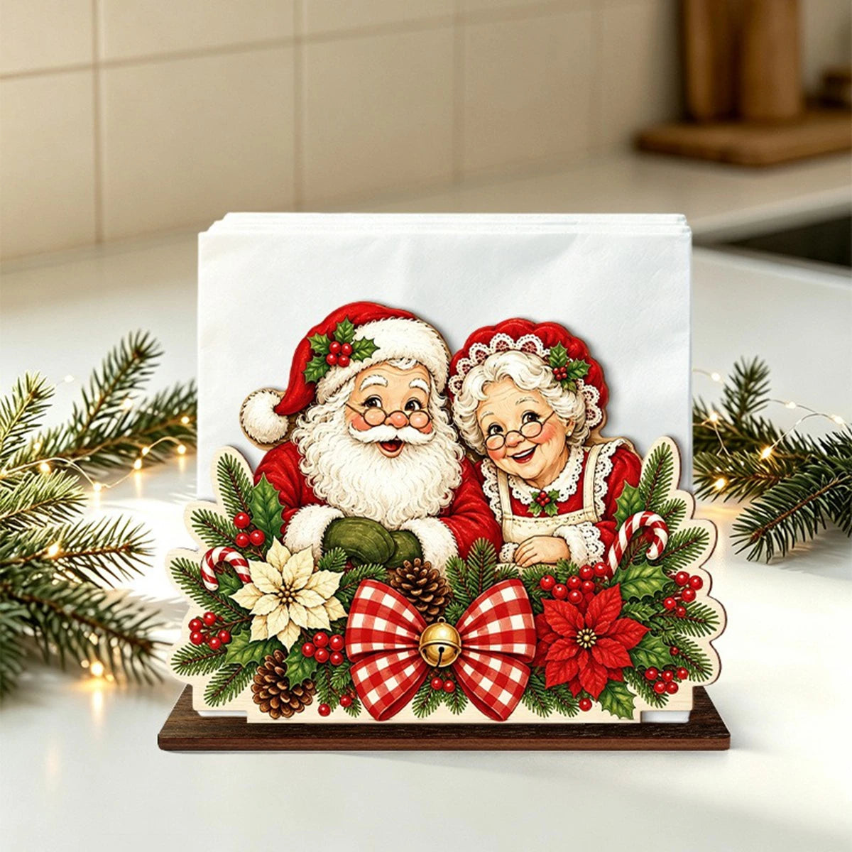 Santa Claus Wooden Napkin Holder - Holiday Tabletop Napkin & Tissue Holder, Christmas Dining Decor