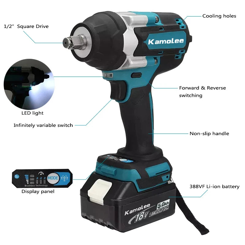 1800 N·m (≈1,328 ft·lb) Brushless Cordless Impact Wrench - 1/2 in (12.7 mm) Drive, High Torque, 18V/21V Battery Compatible