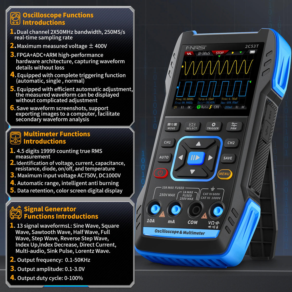 3-in-1 2-Channel Digital Oscilloscope Multimeter & DDS Signal Generator 50 MHz 250MS/s 2.8-inch LCD Portable
