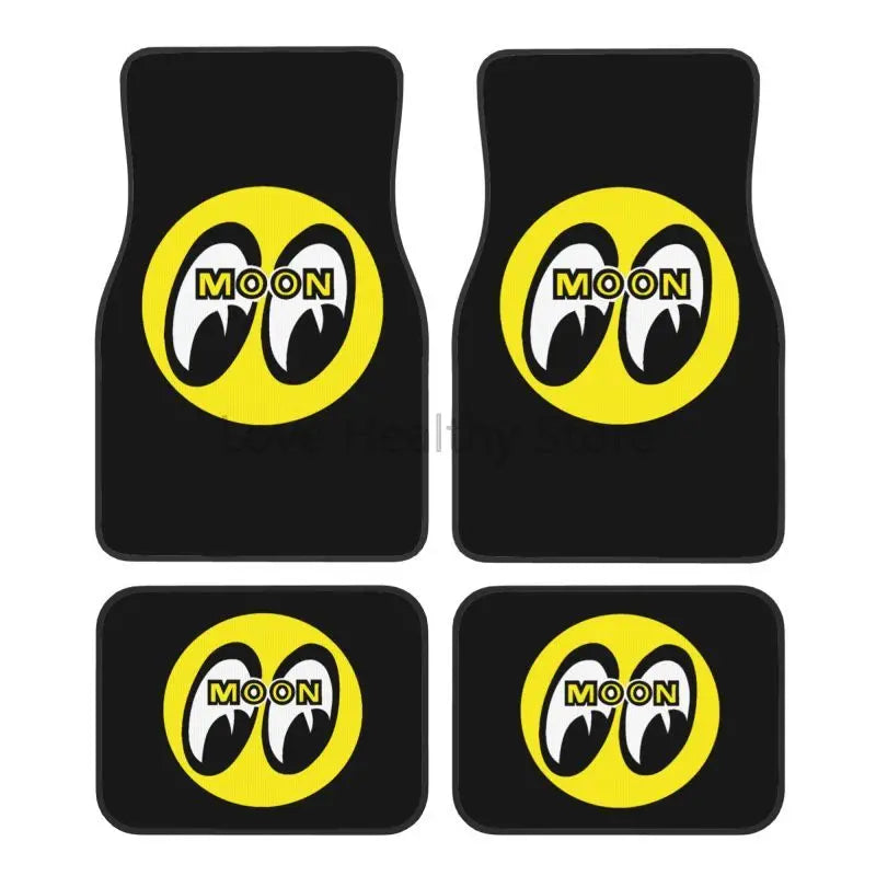 Moon Eyes Motorcycle Racing 4-Piece Car Floor Mats – Front 17.3×27 in (43.9×68.6 cm) & Rear 17.3×13.4 in (43.9×34.0 cm) Neoprene Rubber-Back All-Weather Mats