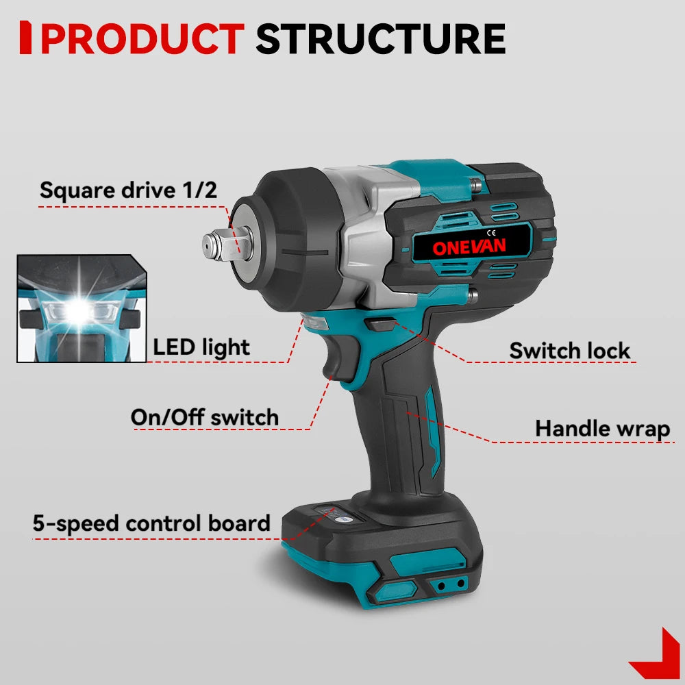 Brushless Cordless Impact Wrench 2800W 2800N·m - 1/2-inch (12.7 mm) Square Drive, Compatible with 18V Batteries