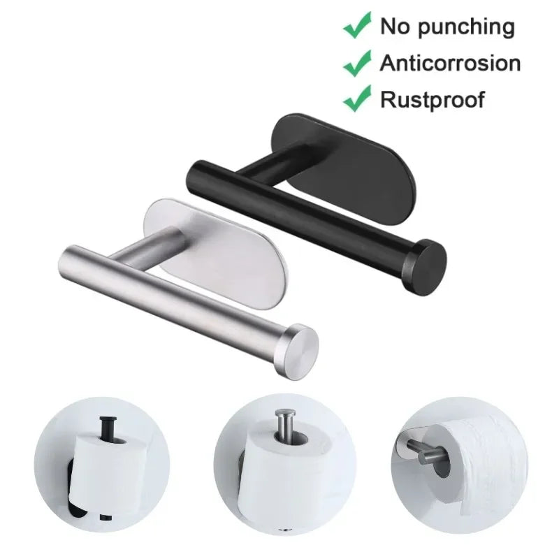 Stainless Steel Adhesive Toilet Paper Holder with Shelf - No-Drill Wall Mount Towel & Paper Towel Rack (Black or Silver)