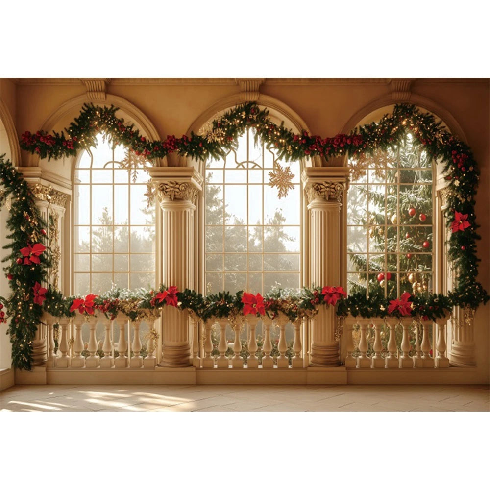 Christmas Fireplace Photography Backdrop — Gingerbread House & Wooden Window Holiday Photo Background for Kids & Family