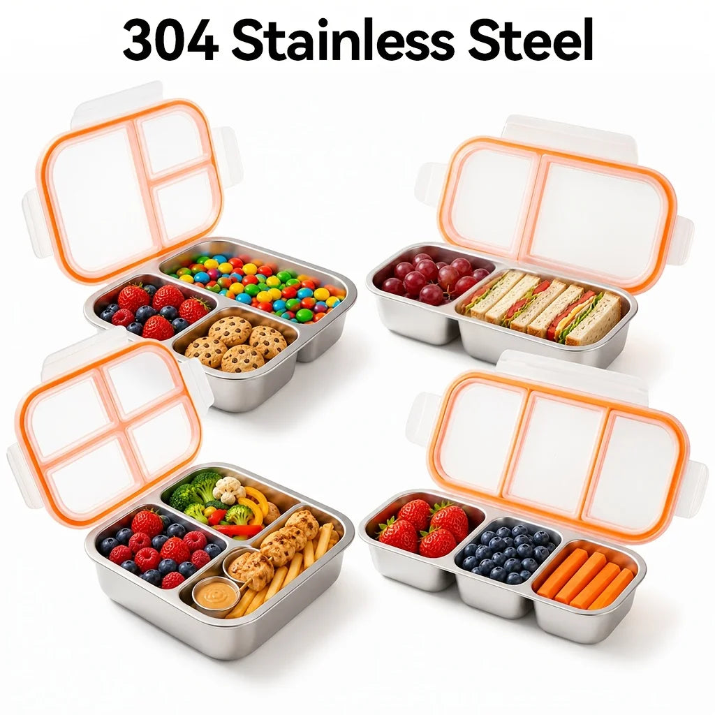 2/3/4-Compartment Stainless Steel Divided Lunch Box with Lid - Reusable Snack Container for School Office Camping Travel