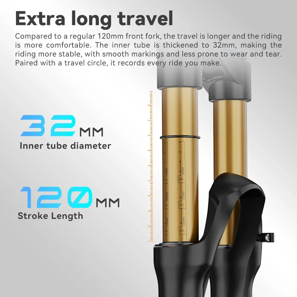 Adjustable MTB Air Suspension Fork — 120mm (4.7 in) Travel, Rebound & Lockout, 26/27.5/29 Inch, 9x100mm Quick Release