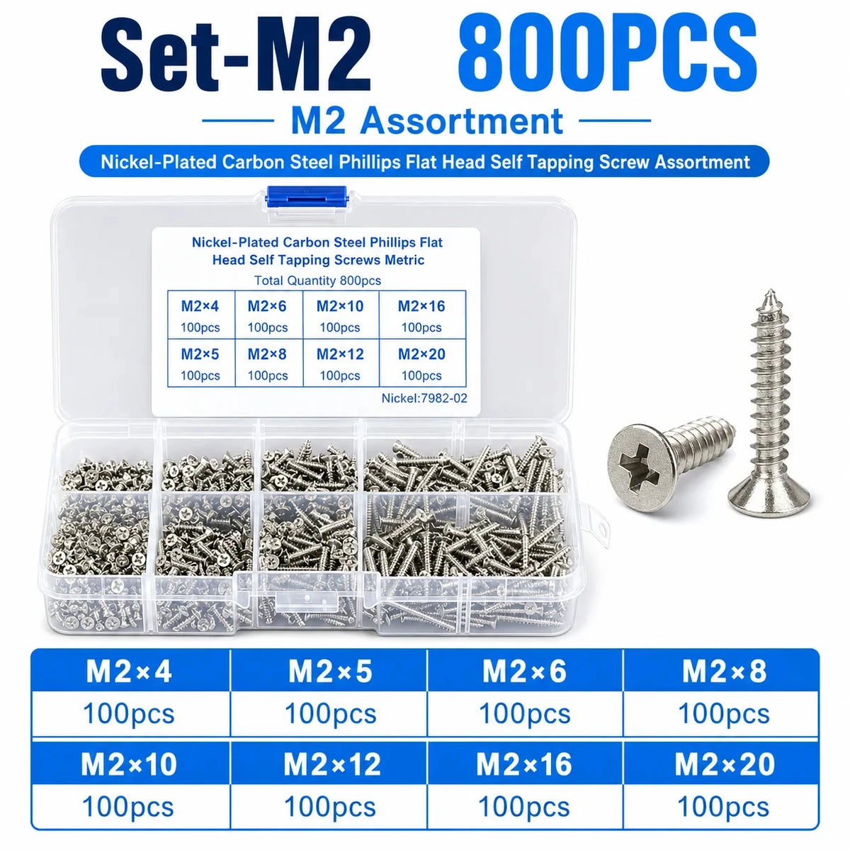 240-Piece Self-Tapping Wood Screw Set — 8 Sizes M2 (2mm) Flat Head Iron Screws with Organizer Box
