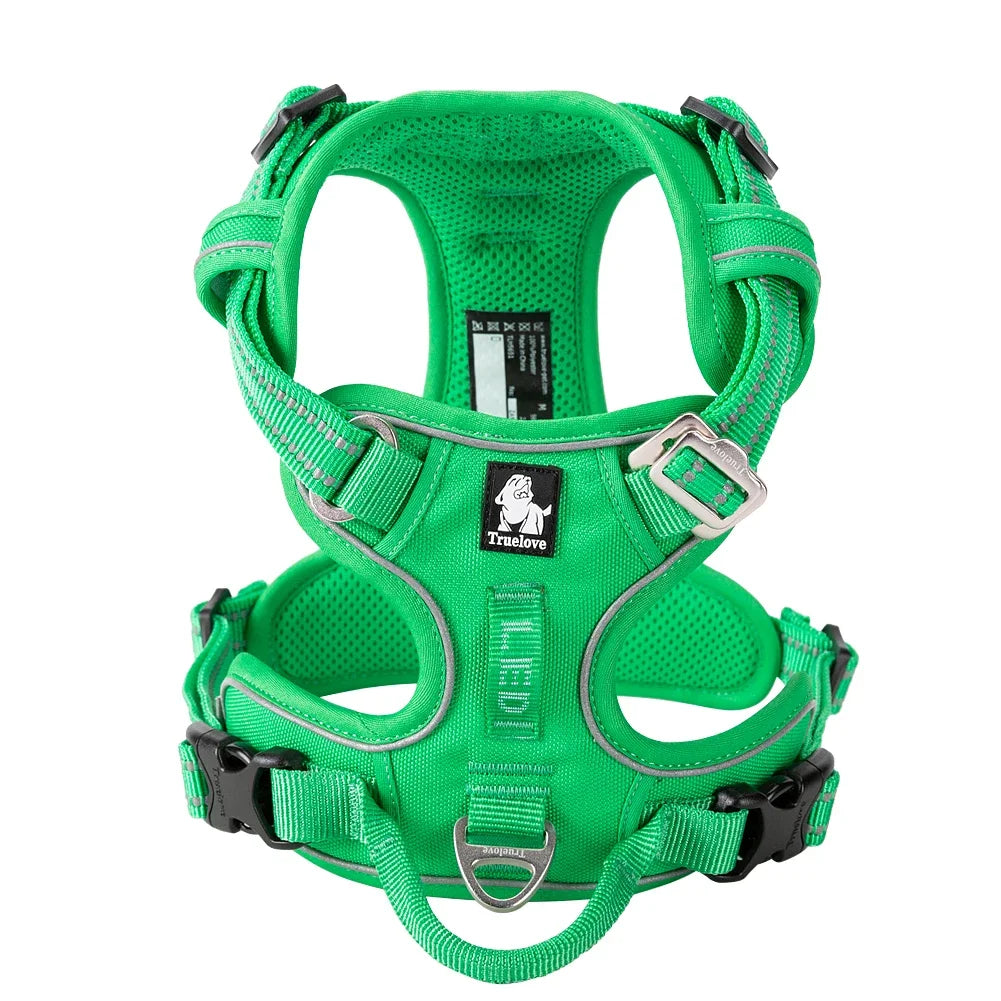 Adjustable Padded Dog Harness with Handle – Reflective Nylon, Front & Back Leash Attachments, Quick-Release Vehicle Safety Harness
