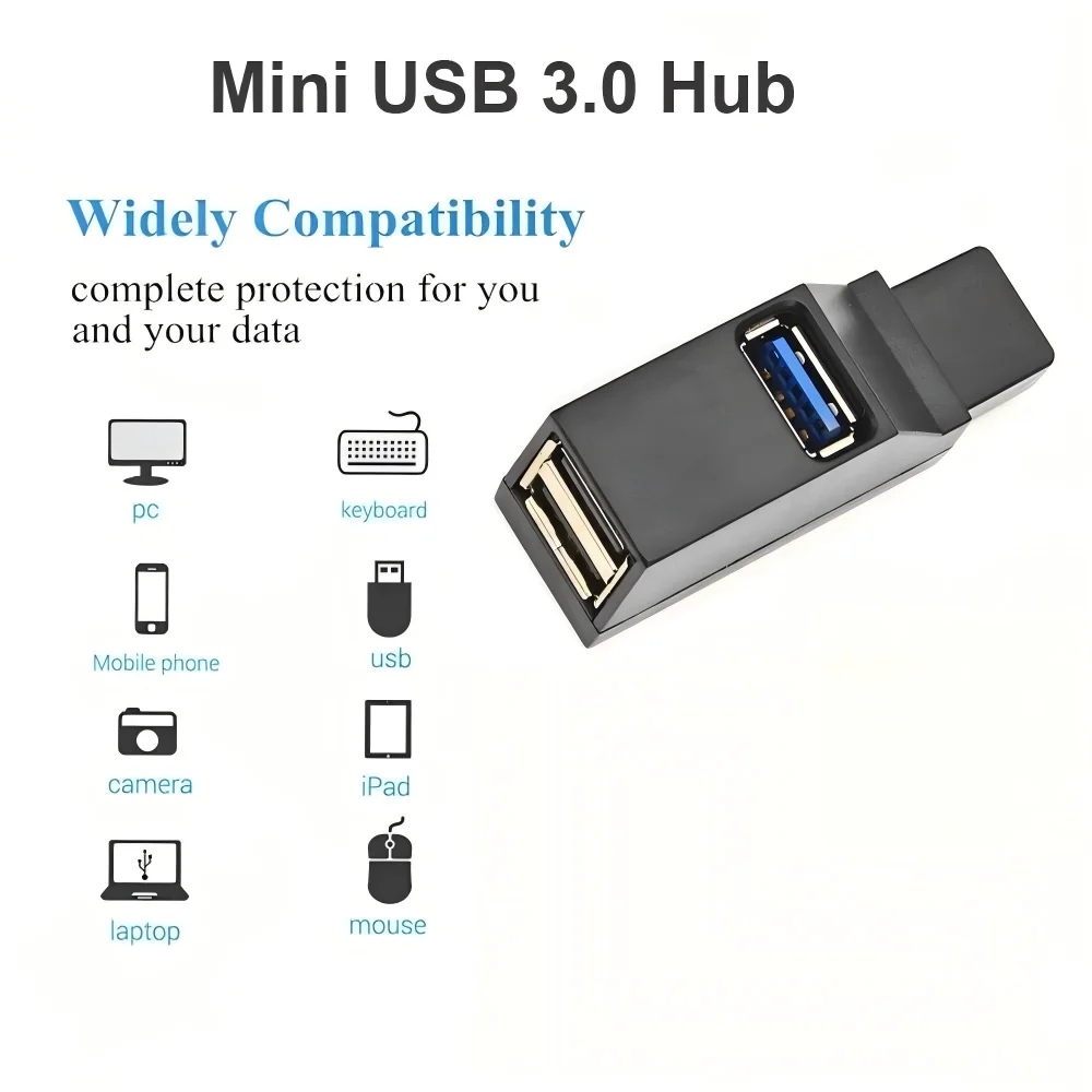 Mini 3-Port USB 3.0 Hub Adapter – High-Speed USB 3.0/2.0 Splitter for PC & Laptop, Plug-and-Play
