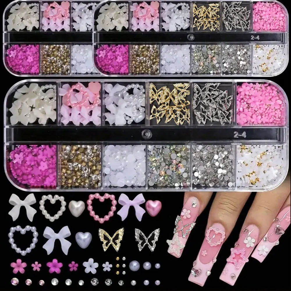 12-Grid Pink & White Nail Art Charms Set – Bows, Pearls, Rhinestones & Butterflies for DIY Manicure