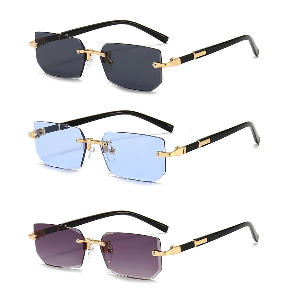 Rimless Rectangle Sunglasses for Women and Men - Small Square Mirrored Summer Travel Shades