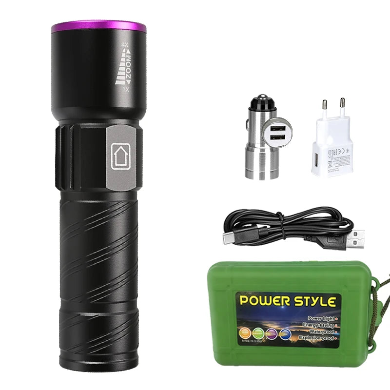395nm UV LED Flashlight Rechargeable Zoomable - Portable Pet Urine & Bed Bug Detector, Money and Scorpion Finder