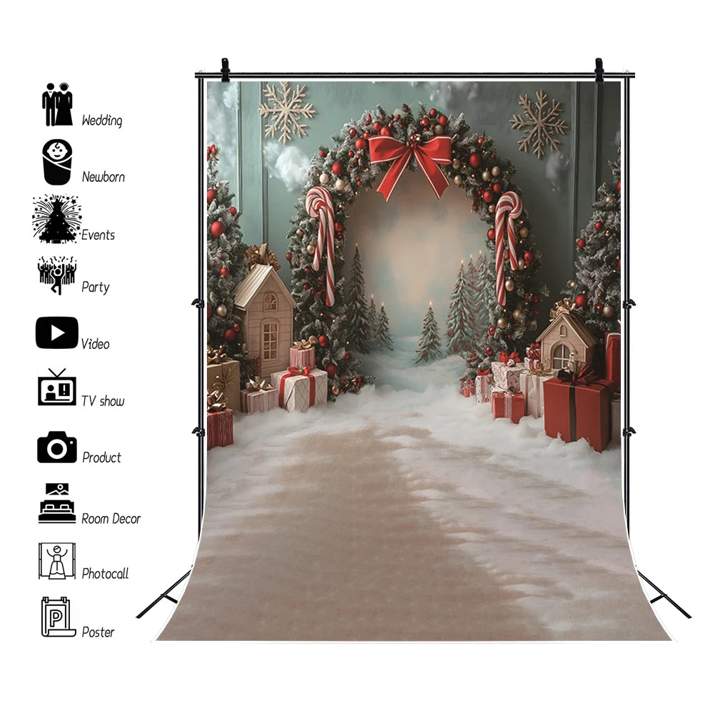 Christmas Photography Backdrop - Santa, Tree & Fireplace Winter Snow Wood Floor Portrait Background