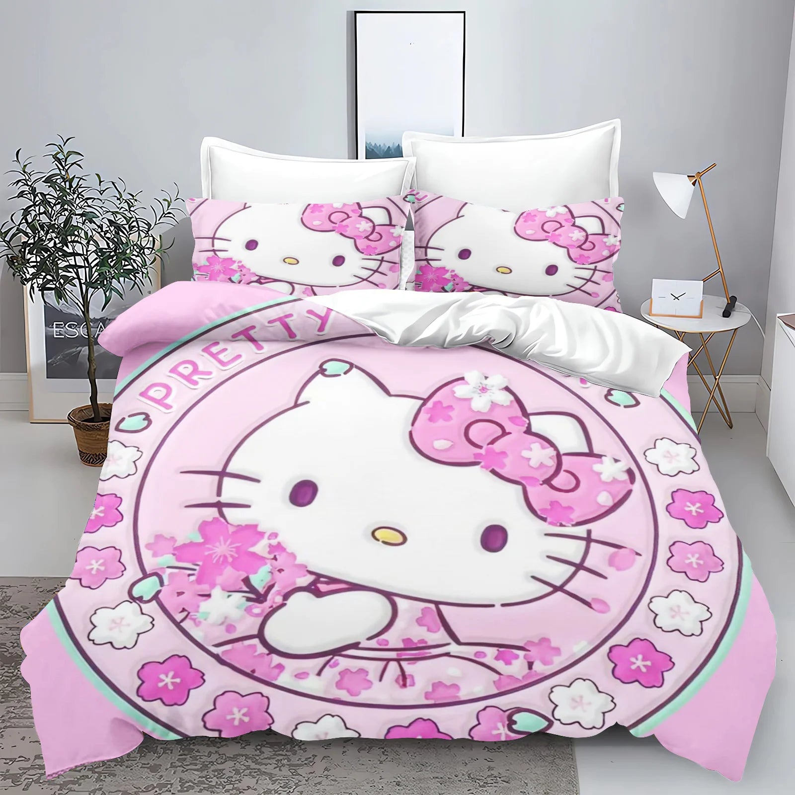 Hello Kitty Kids Bedding Set – 3-Piece Quilt Cover & 2 Pillowcases, 100% Polyester, Printed Cartoon, Multiple Sizes (Twin to King)