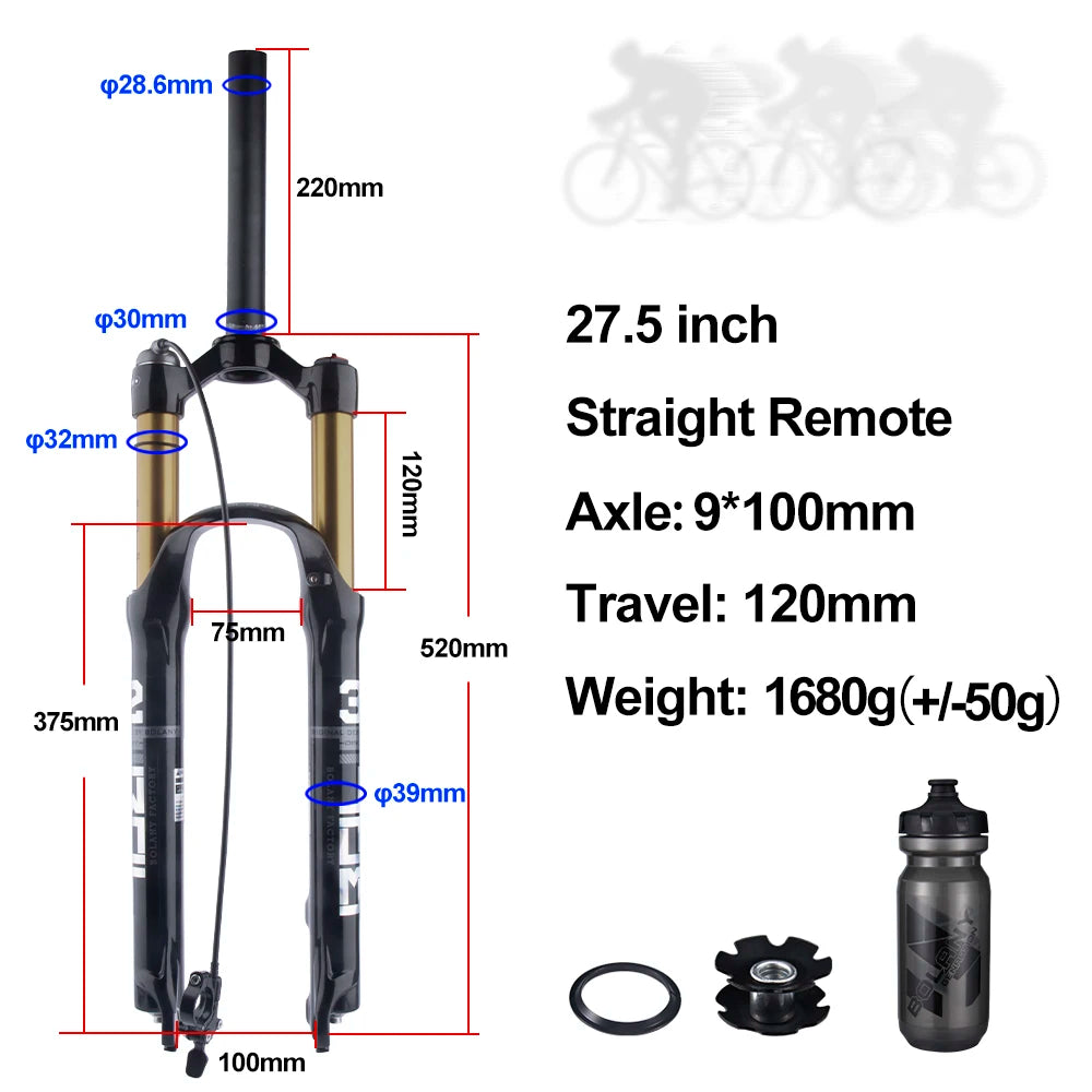 Mountain Bike Air Suspension Fork 26/27.5/29 Inch 100mm Travel (120mm Exposed) Air & Oil Damping Remote Lockout 9mm Axle 32mm Stanchions Disc Brake