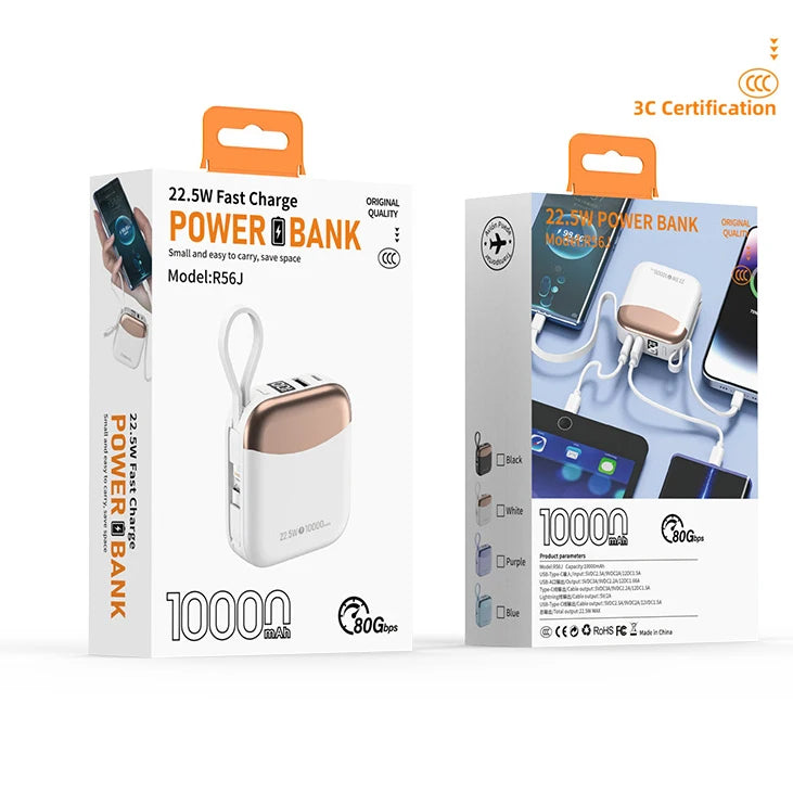 10000mAh 65W Portable Power Bank with Built-in Cables – Fast Charging USB-C External Battery