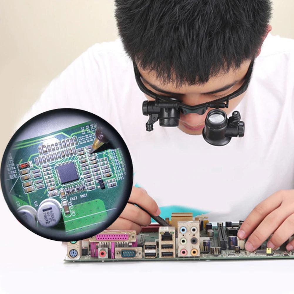 Adjustable LED Headband Magnifier with 10x/15x/20x/25x Interchangeable Lenses — Hands-Free Magnifier for Jewelry Repair, Watchmaking and Reading