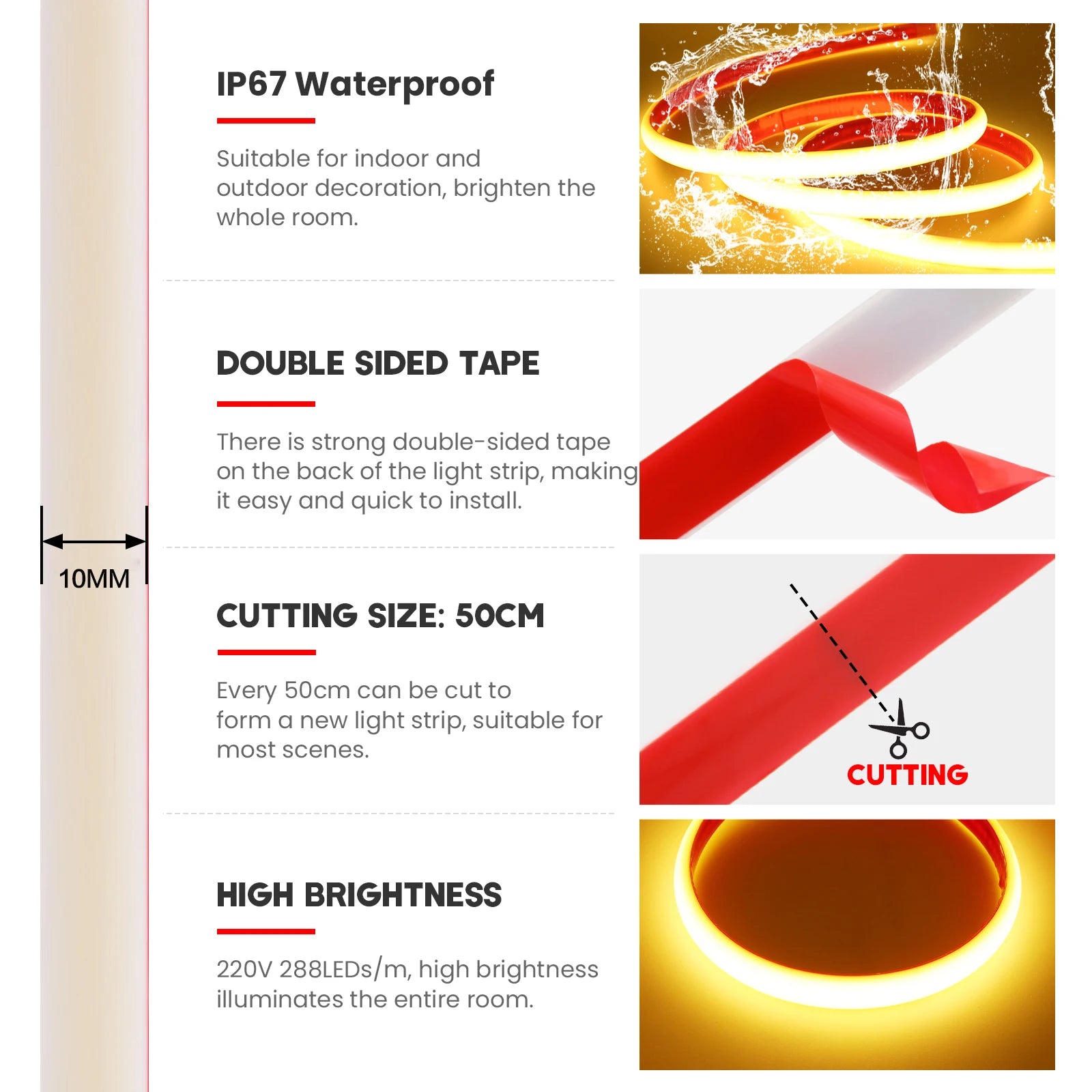 220V COB LED Strip Light 288 LEDs/m IP67 Dimmable with EU Plug & Switch - Flexible Adhesive Tape