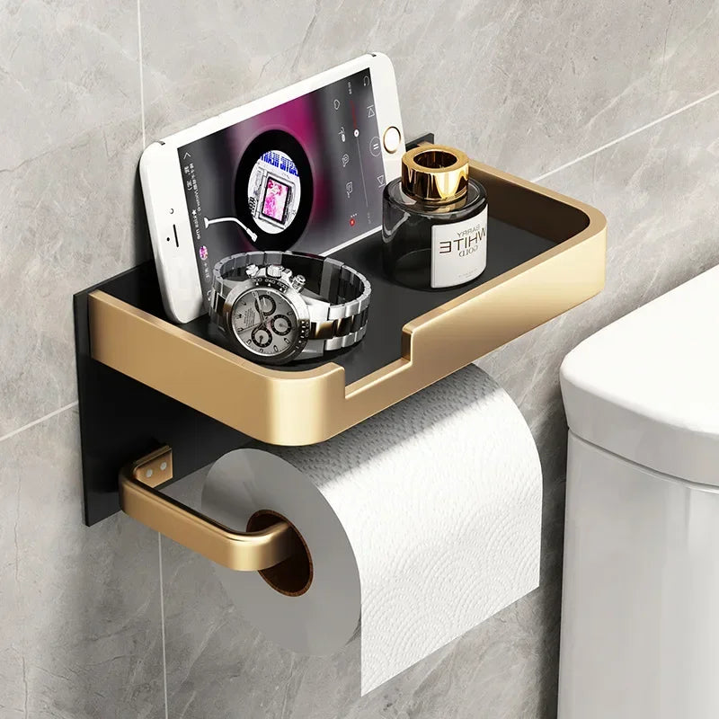 Wall-Mounted Toilet Paper Holder with Shelf - Aluminum Alloy Rustproof Bathroom Roll Holder