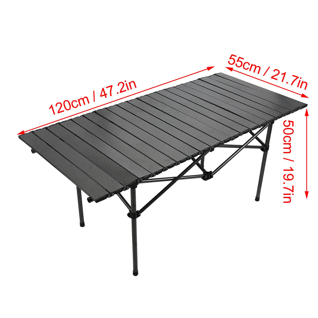 47.2in (120cm) Portable Roll-Up Folding Camping Table - Carbon Steel Outdoor Picnic Table with Storage Basket & Carry Bag, Black