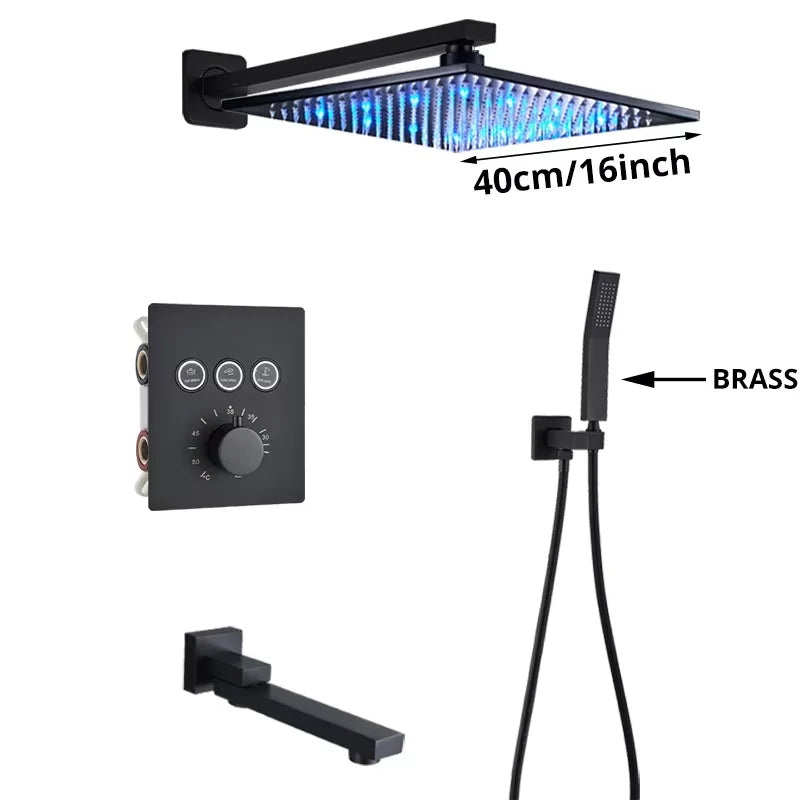 Big Black Thermostatic Ceiling-Mounted Rainfall Shower System with Hand Shower – Thermostatic Mixer Tap, 150 cm (59 in) Hose, 400+ mm (15.7+ in) Rain Head