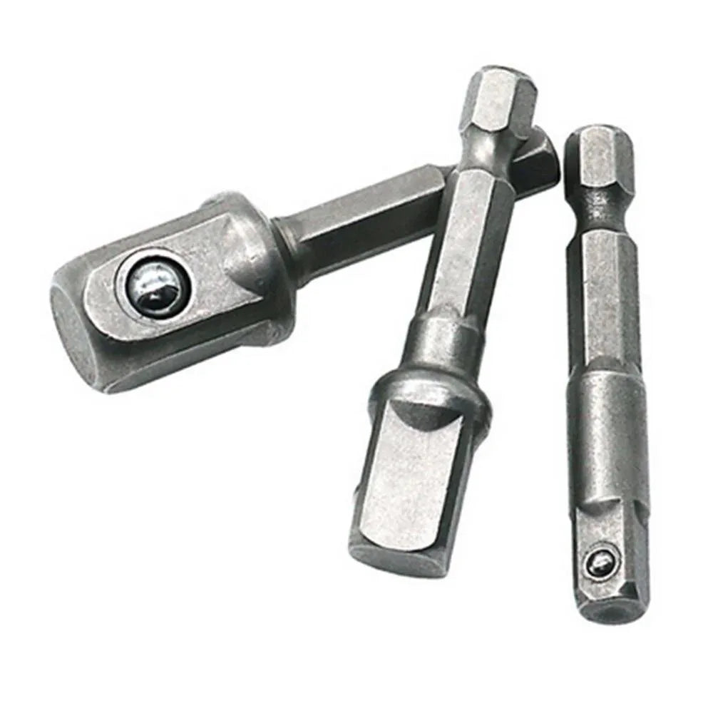 3-Piece Drill Socket Adapter Set 1/4 in, 3/8 in, 1/2 in (6.35, 9.53, 12.7 mm) Hex Shank Square Drive Impact Adapters
