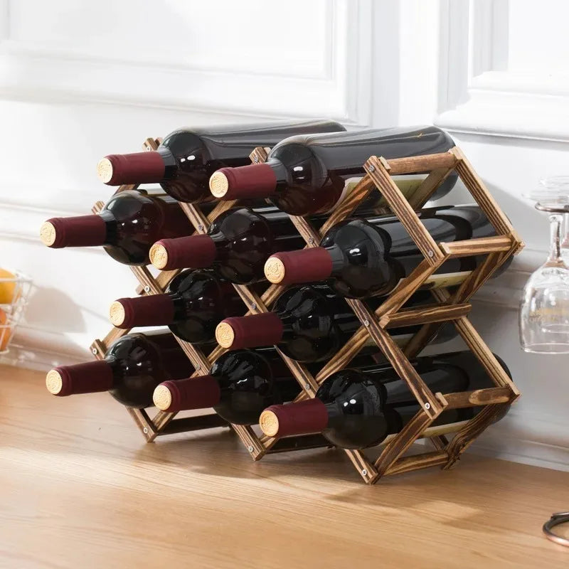 Stackable Folding Wooden Wine Rack – 3/5/6/10-Bottle Pine Wine Shelf for Home Bar