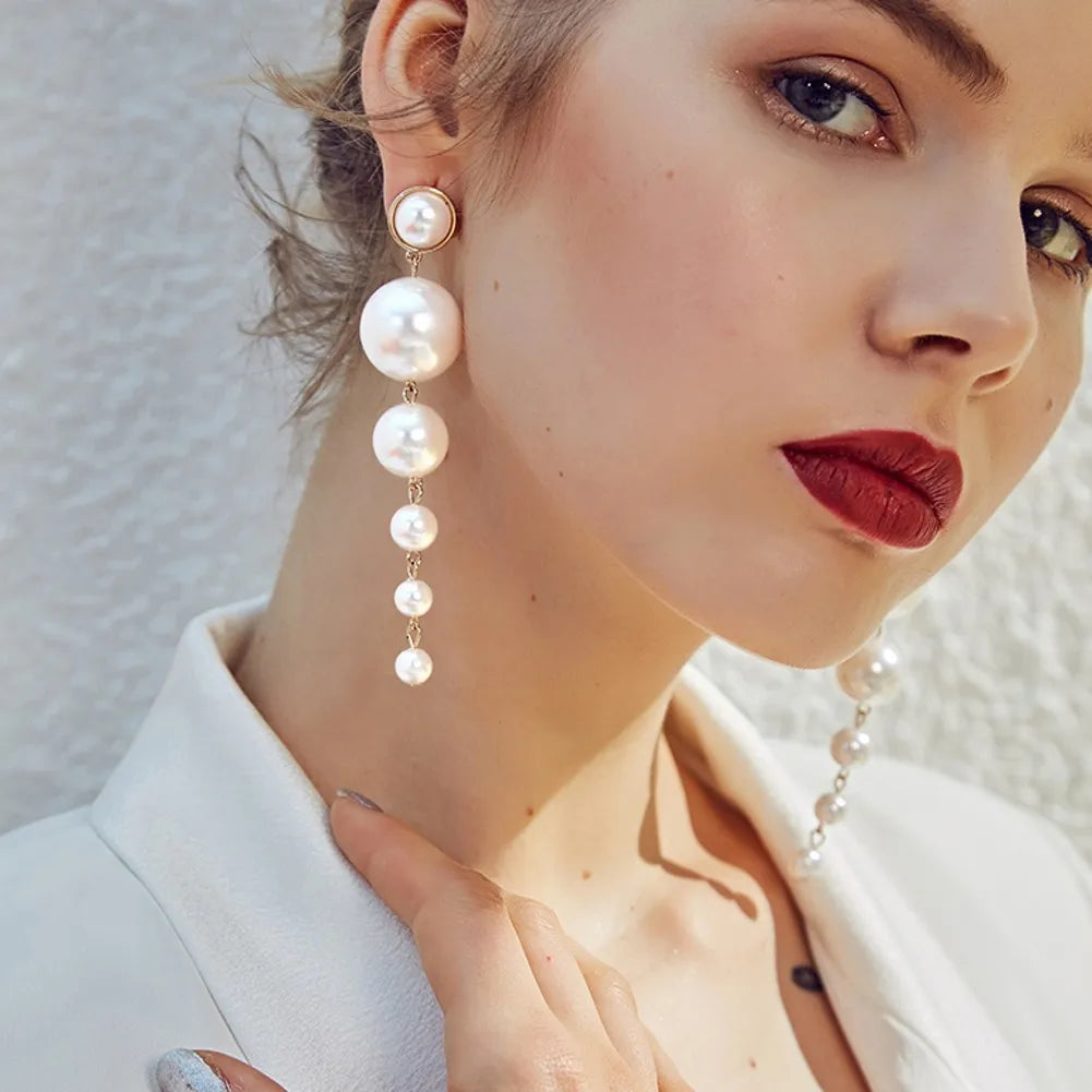 Gold Bridal Drop Earrings with Simulated Pearls & Crystal Rhinestones — 6 cm (2.36 in) Dangle Statement Earrings for Wedding & Bridesmaids