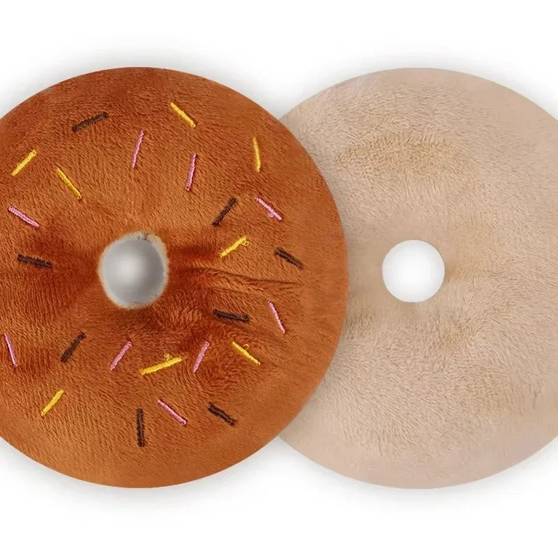 Plush Donut Chew Toy with Squeaker for Small & Medium Dogs - 4.3in (11 x 11 cm) Soft Fleece Puppy Toy