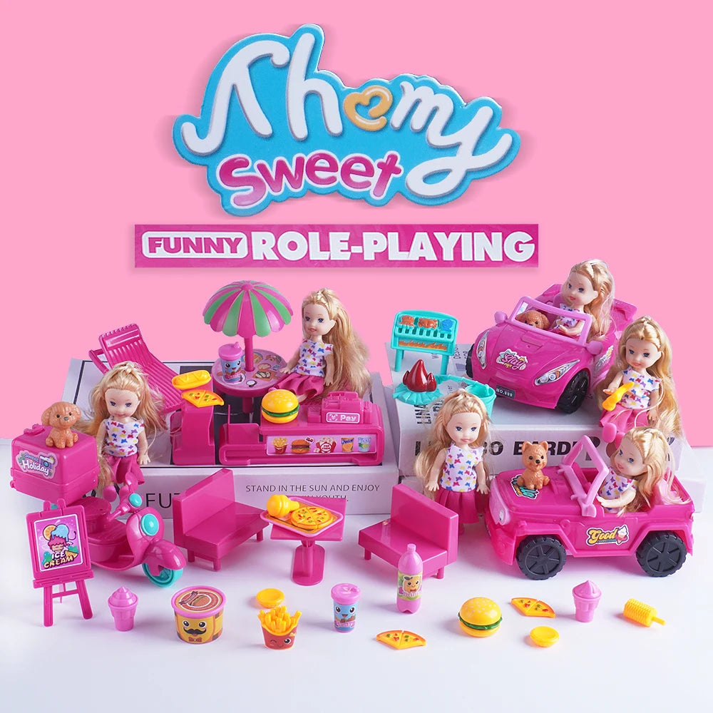 Mini Fashion Doll Playset for Kids with Pet Dog & Convertible Car — Dollhouse Kitchen & Seaside Restaurant Accessories