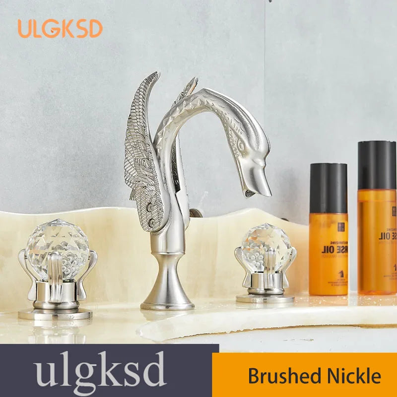 Golden Swan-Shaped Bathroom Faucet 3-Piece Basin & Tub Mixer with Dual Crystal Handles, Hot & Cold