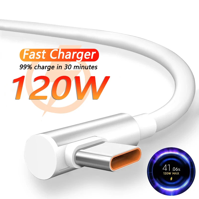 120W 6A Fast USB-A to USB-C Charging Cable — Elbow Gaming Quick Charge for 14/13/12/11 Pro/Ultra/Lite & Note 12 Phones