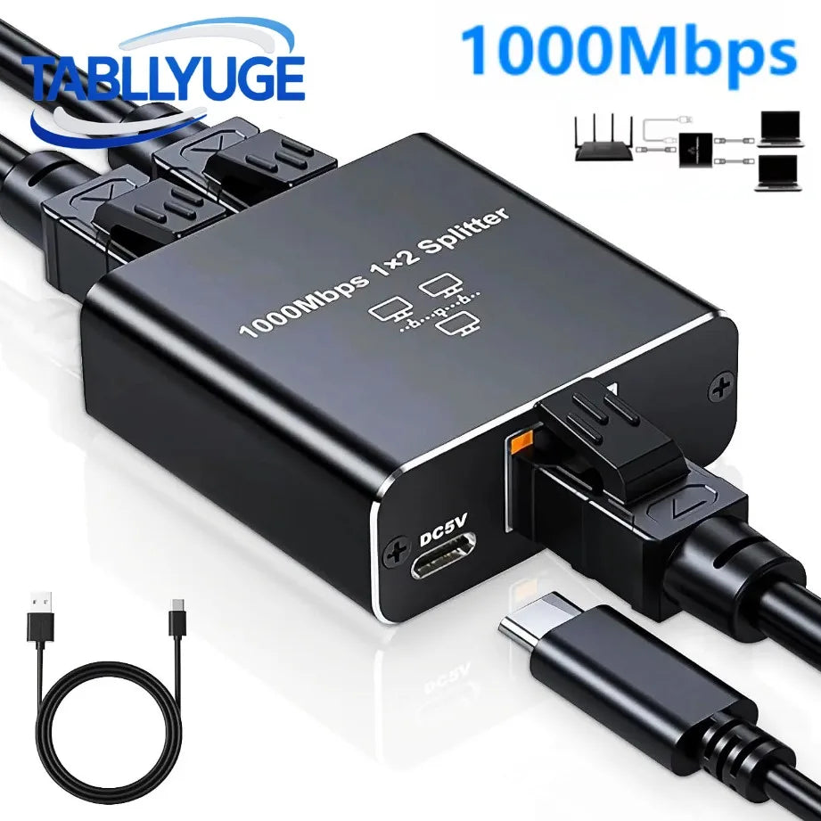 1-to-2 RJ45 Gigabit Ethernet Splitter Adapter 1000Mbps USB-Powered LAN Splitter for PC Router Laptop TV Box