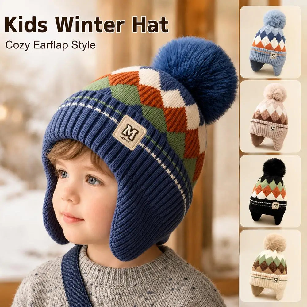 Kids Knitted Winter Beanie with Pom Pom & Earflaps - Fleece-Lined Windproof Toddler Hat 48-54 cm (18.9-21.3 in) - Children's Gift